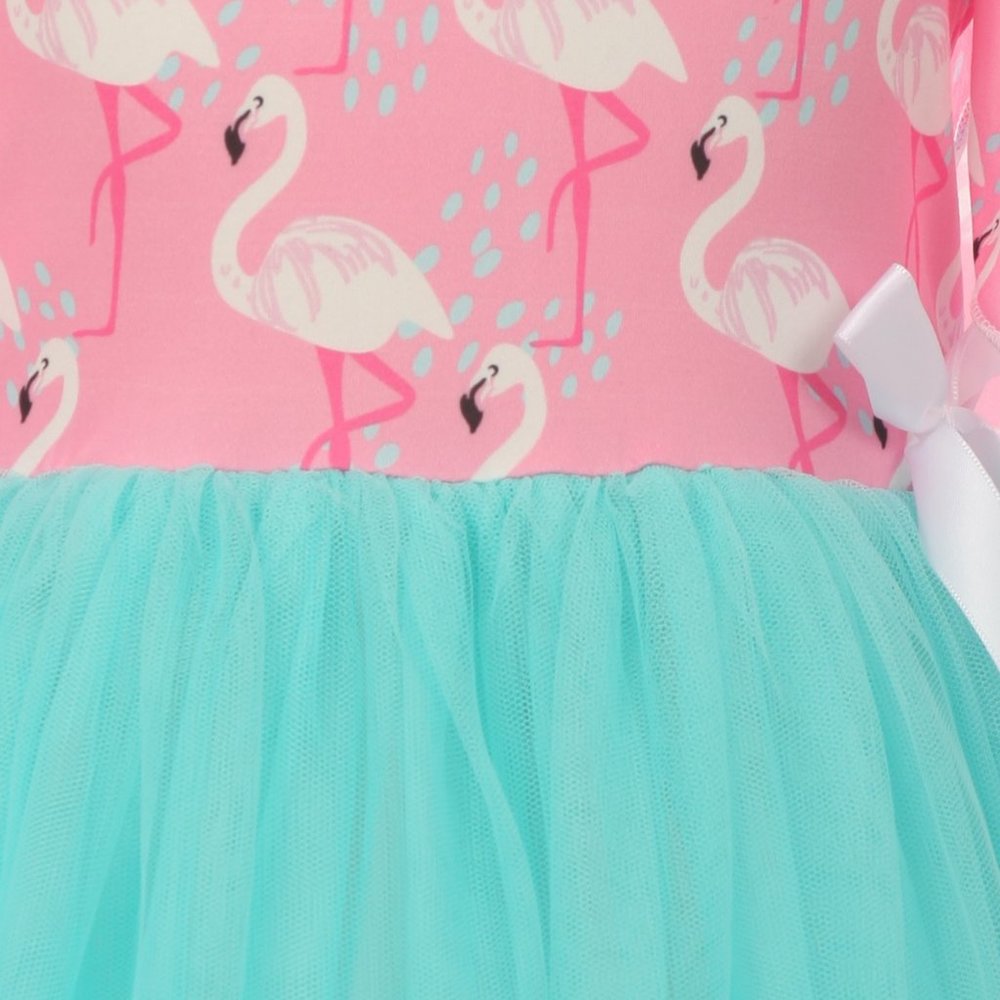 Little Girl Dress Kids Flamingo Cold Shoulder Tutu Tulle Girl Dress Toddler - Picture 3 of 4